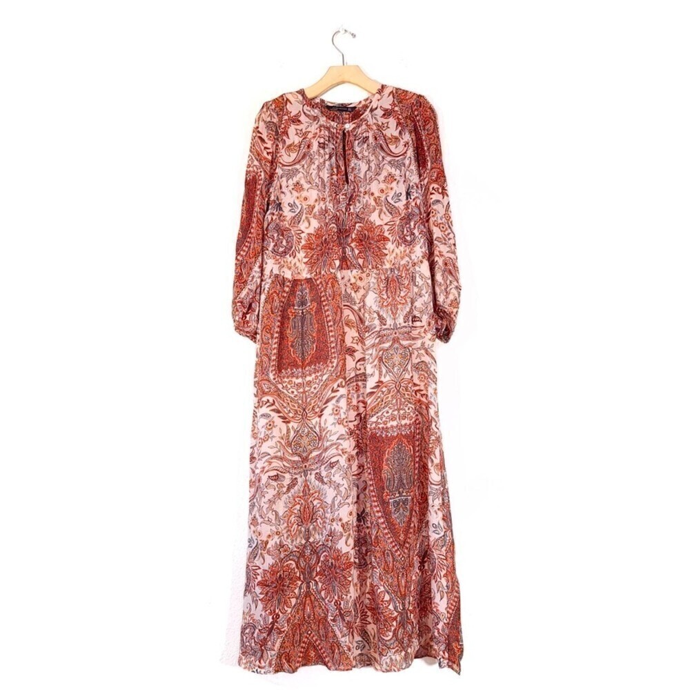 ZARA Wool Blouson Sleeve Boho Printed A-line Maxi Dress Red Brown Floral Medium
